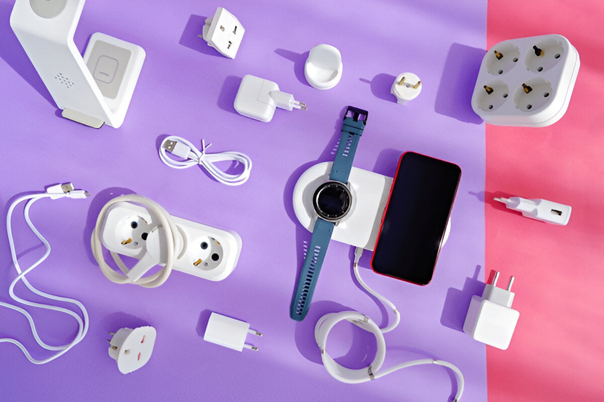 Collection of mobile accessories including cases, chargers, screen protectors, and earbuds