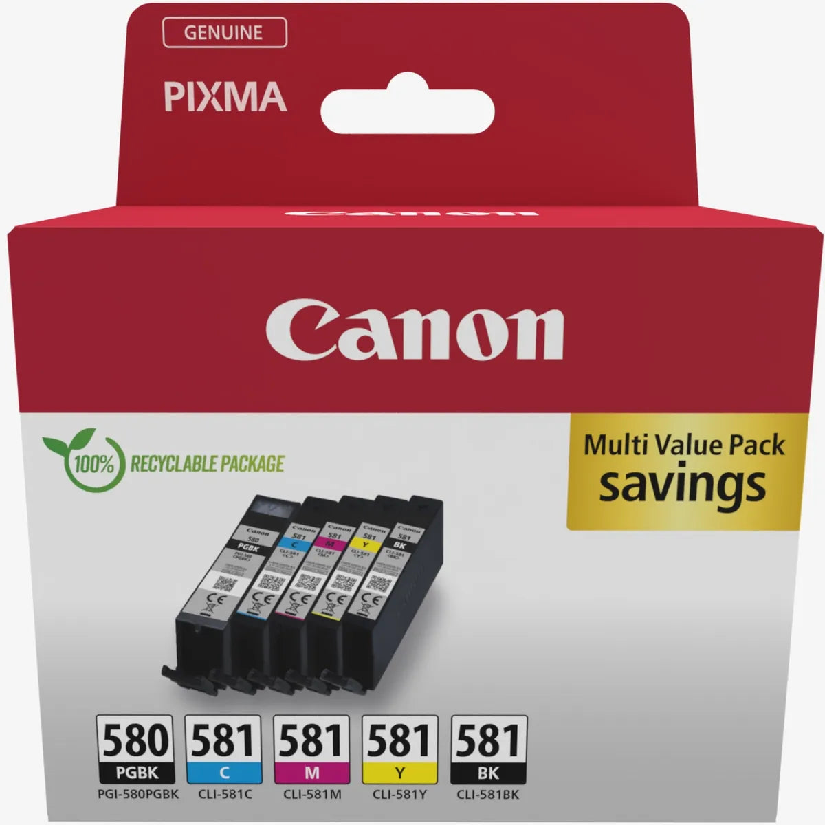 Canon PGI-580BK / CLI-581 Multipack Ink Cartridges – Genuine PIXMA Series (2078C007), 5-pack CMYK+Black, ideal for crisp documents and vibrant photos – UK packaging