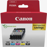 Canon PGI-580BK / CLI-581 Multipack Ink Cartridges – Genuine PIXMA Series (2078C007), 5-pack CMYK+Black, ideal for crisp documents and vibrant photos – UK packaging