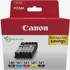 Canon PGI-580BK / CLI-581 Multipack Ink Cartridges – Genuine PIXMA Series (2078C007), 5-pack CMYK+Black, ideal for crisp documents and vibrant photos – UK packaging