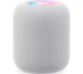 Side view of Apple HomePod in white showing sleek design.