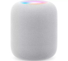 Side view of Apple HomePod in white showing sleek design.