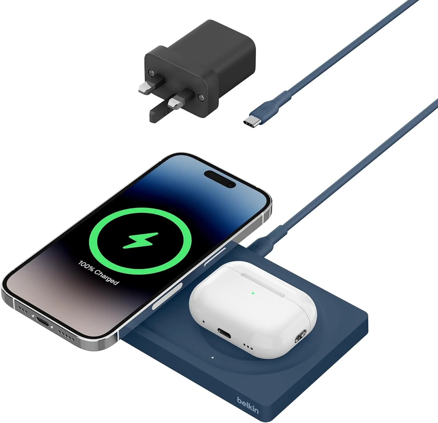 Belkin BoostCharge Pro 2-in-1 Wireless Charging Pad – MagSafe 15W fast charger in navy