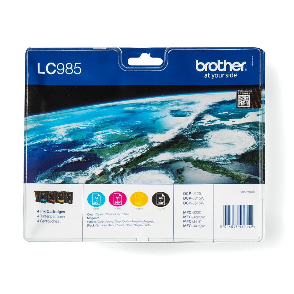 Brother LC985VALBP Multipack Inkjet Cartridges – Genuine Brother Supplies (Black 8.7ml, Cyan/Magenta/Yellow 4.8ml each), compatible with DCPJ and MFCJ printers, standard yield, UK packaging