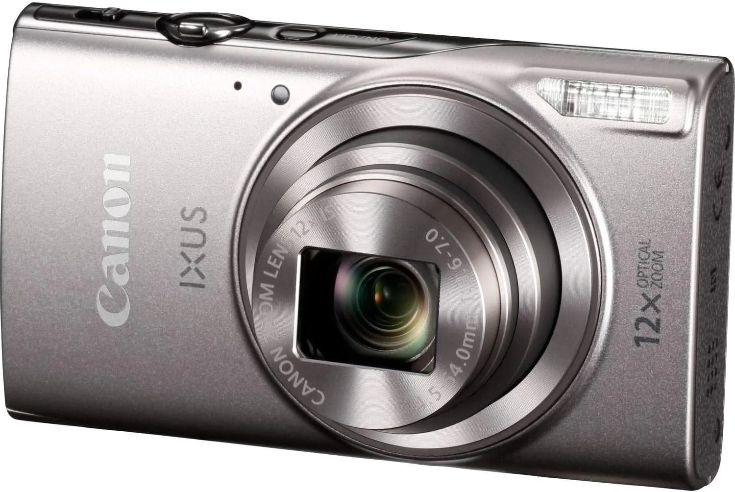 Canon IXUS 285 HS compact camera in silver showing lens and sleek design.