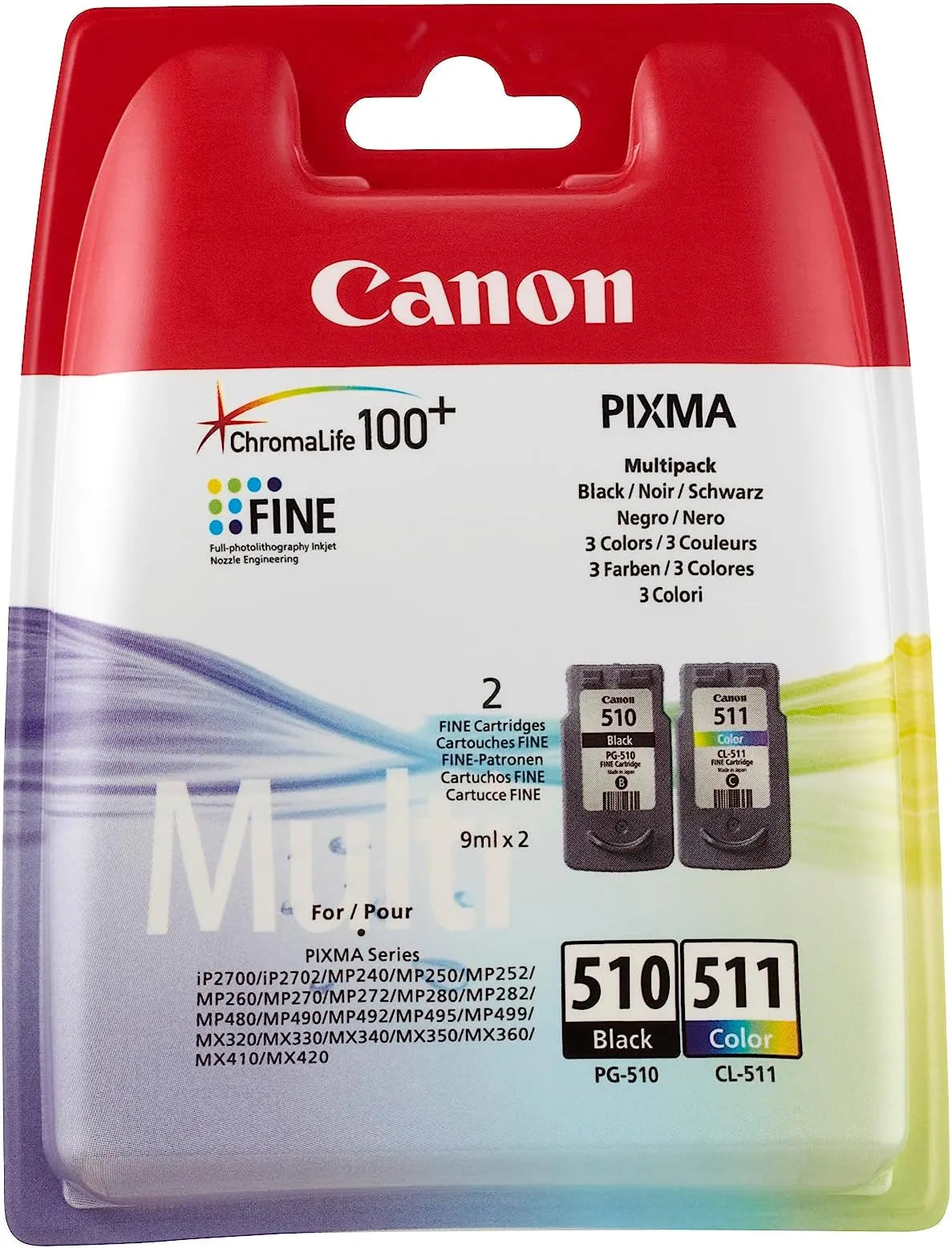 Canon PG-510 and CL-511 Ink Cartridge Multipack – Genuine Canon Ink (2970B011), includes black and colour cartridges, 9ml each – UK packaging