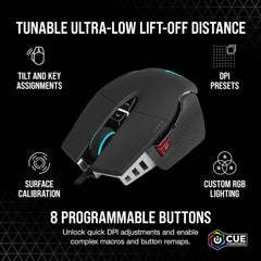 Black Corsair M65 RGB ULTRA wired gaming mouse with customizable RGB lighting and ultra-high DPI.