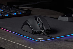 Close-up of Corsair Ironclaw gaming mouse showcasing an 18,000 DPI high precision sensor