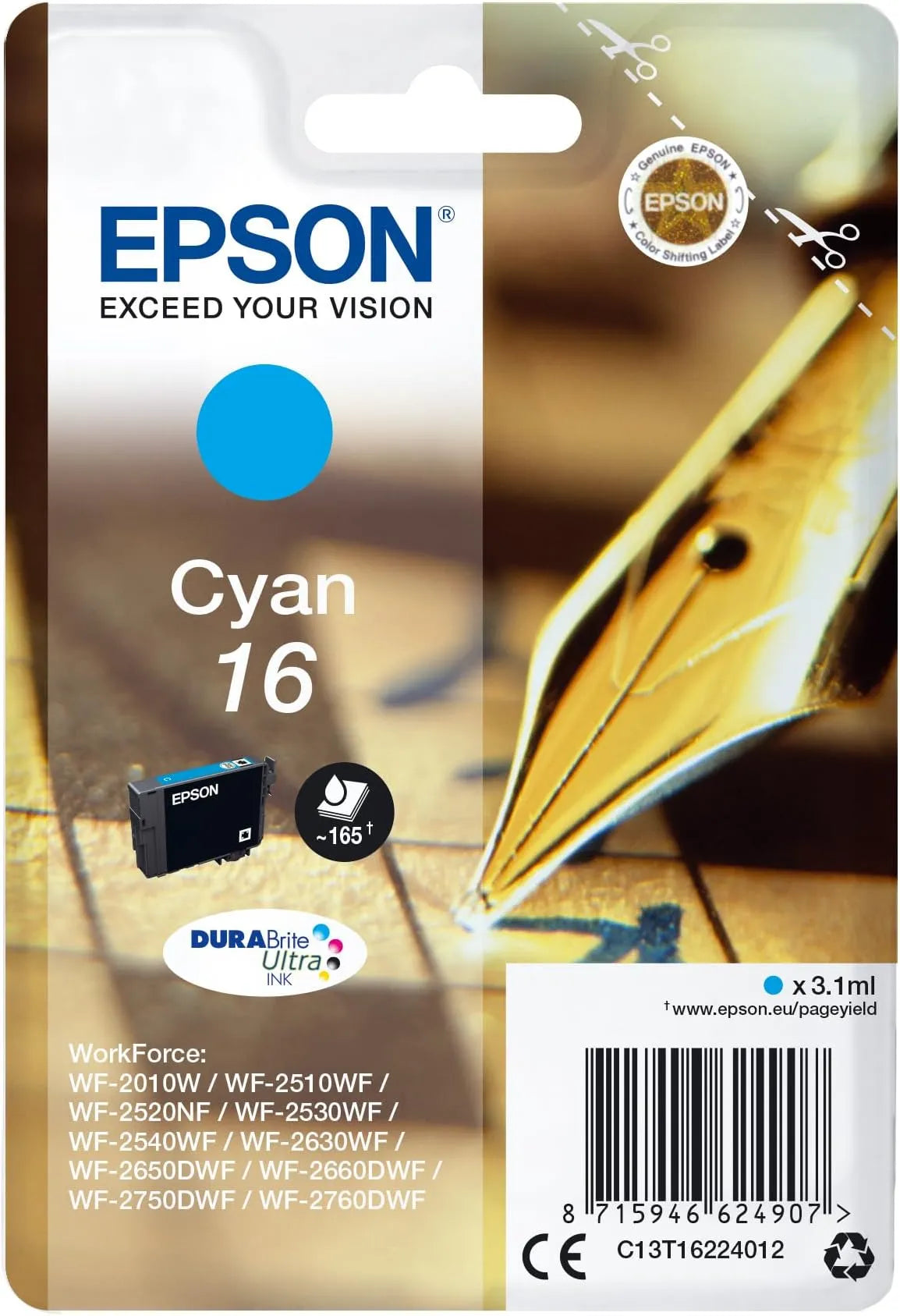 Epson 16 Cyan Ink Cartridge – Genuine Pen & Crossword Series, DURABrite Ultra Ink, 3.1ml capacity, prints up to 165 pages, ideal for Epson Expression Home printers – UK version