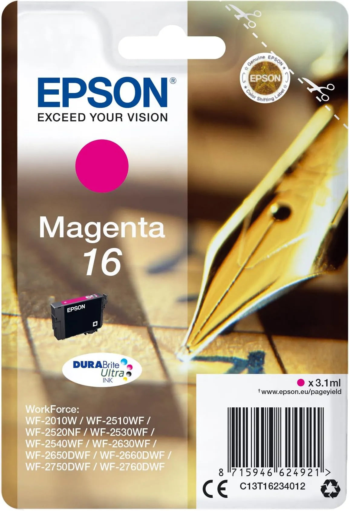 Epson 16 Magenta Ink Cartridge – Genuine Pen & Crossword Series, DURABrite Ultra Ink, 3.1ml capacity, high quality printing for Epson Expression Home printers – UK packaging
