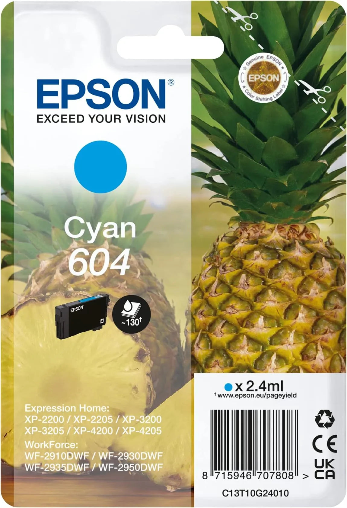 Epson 604 Cyan Ink Cartridge – Genuine Pineapple Series, 2.4ml ink capacity, prints up to 130 pages, for Epson Expression Home printers – UK packaging