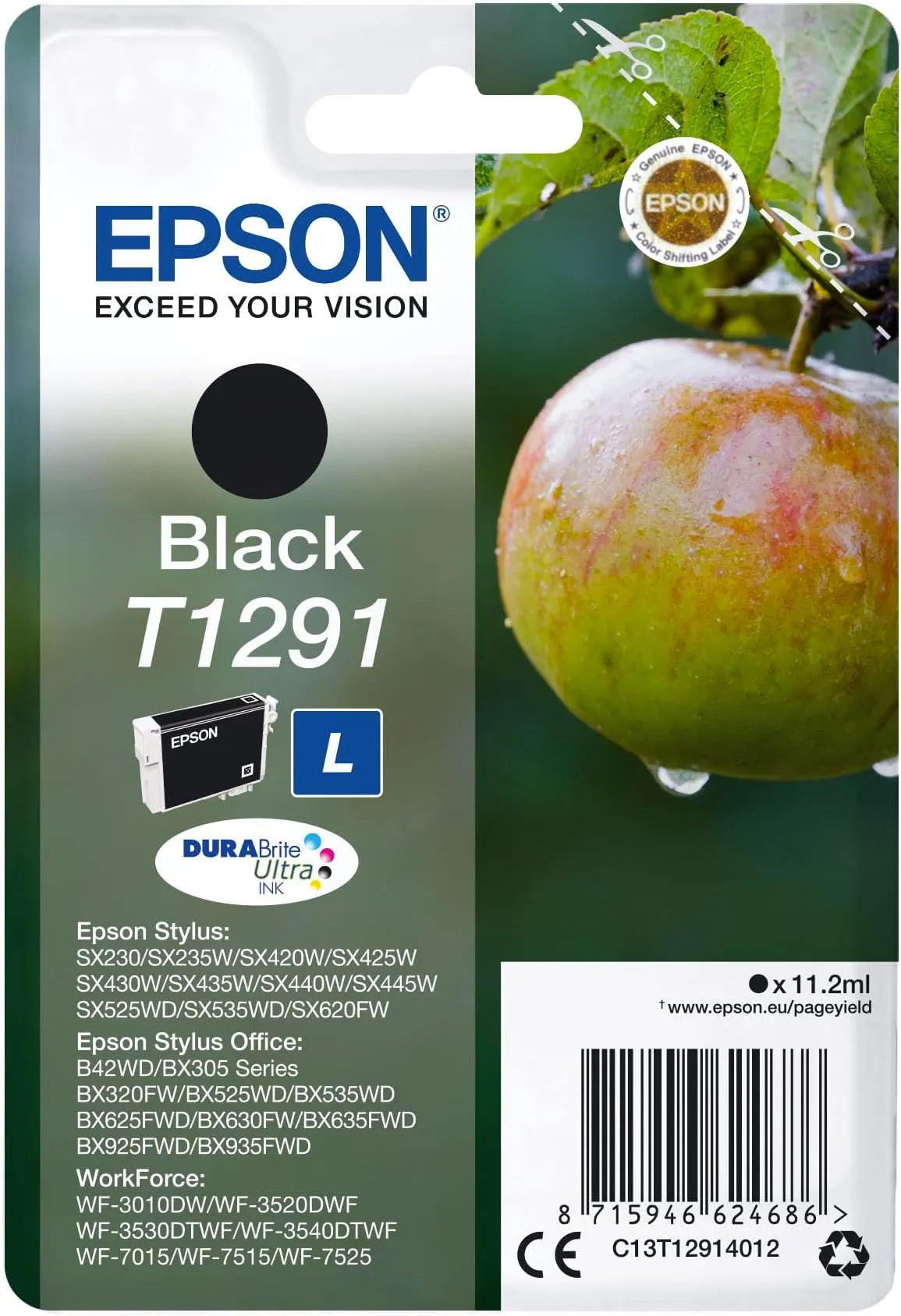 Epson T1291 Black Ink Cartridge – Genuine Apple Series, DURABrite Ultra Ink, 11.2ml capacity, prints up to 385 pages, suitable for Epson Expression Home printers – UK packaging