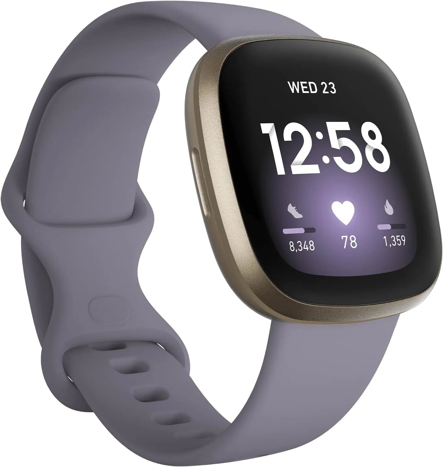 Fitbit Versa 3 health and fitness smartwatch with built-in GPS and soft gold/thistle design