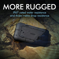 LaCie Rugged SSD showing its shock-resistant, water-resistant