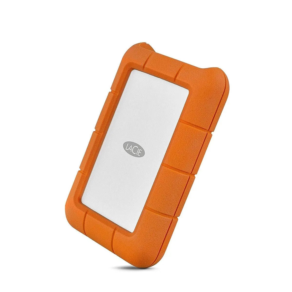 LaCie Rugged 1TB USB-C Portable Hard Drive, front view showing protective rubber shell.