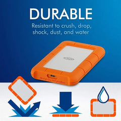 LaCie Rugged Hard Drive dropped on dirt, demonstrating shockproof and dustproof design.