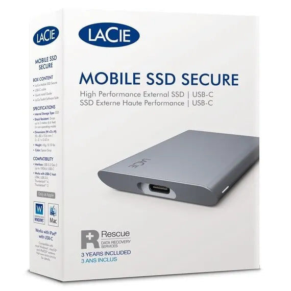 Packaging of LaCie Mobile SSD Secure USB-C Drive 1TB.