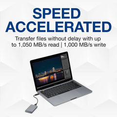 LaCie Mobile SSD connected to a MacBook via USB-C with accelerated speed