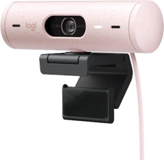 Logitech Brio 500 HD webcam with dual noise-canceling mics and auto light correction in pink/