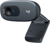 Logitech C270 HD webcam with 720p resolution, noise-reducing mic, and HD light correction for video calls.