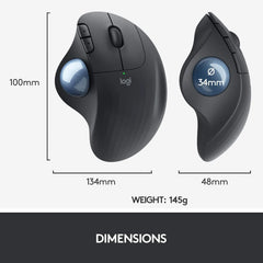 Top view of ERGO M575/M575S showing its sculpted shape and control buttons with it's dimensions mentioned