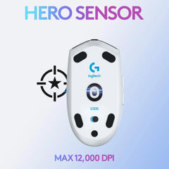 Logitech G305 LIGHTSPEED wireless gaming mouse in white, featuring HERO 12K sensor