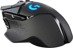 front view of the Logitech G502 LIGHTSPEED wireless gaming mouse in black