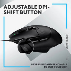 Side view of the G502 X mouse, showcasing its ergonomic design and DPI-shift button.