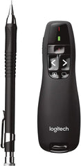 Black Logitech R400 wireless presenter with USB receiver and 2.4 GHz connection