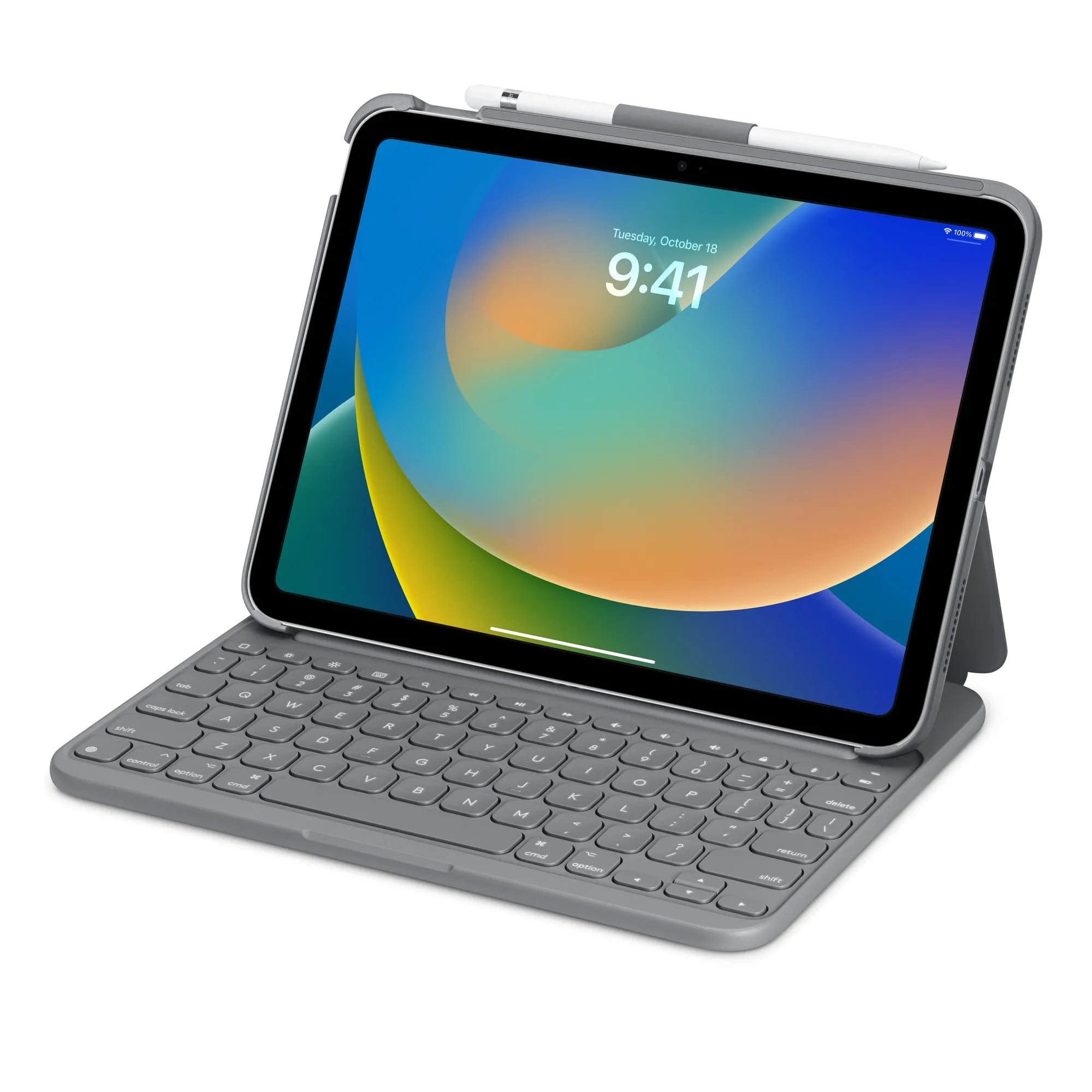Logitech Slim Folio Keyboard attached to iPad 10th Generation, front view.