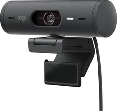 black Logitech Brio 500 streaming webcam with Show Mode and auto light adjustment.