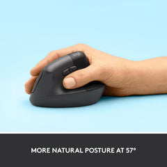 Logitech Lift Vertical Ergonomic Mouse showcasing its 57° vertical angle for wrist support