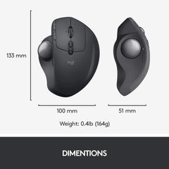 MX Ergo S mouse with dimensions overlay: Height 132.5 mm, Width 99.8 mm, Depth 51.4 mm.