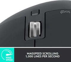 Close-up of Logitech MX Master 3S showing Magspeed scrolling for fast and precise navigation