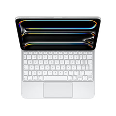 Front view of the Magic Keyboard for iPad Pro 11-inch in white, showing the sleek design and backlit keys.