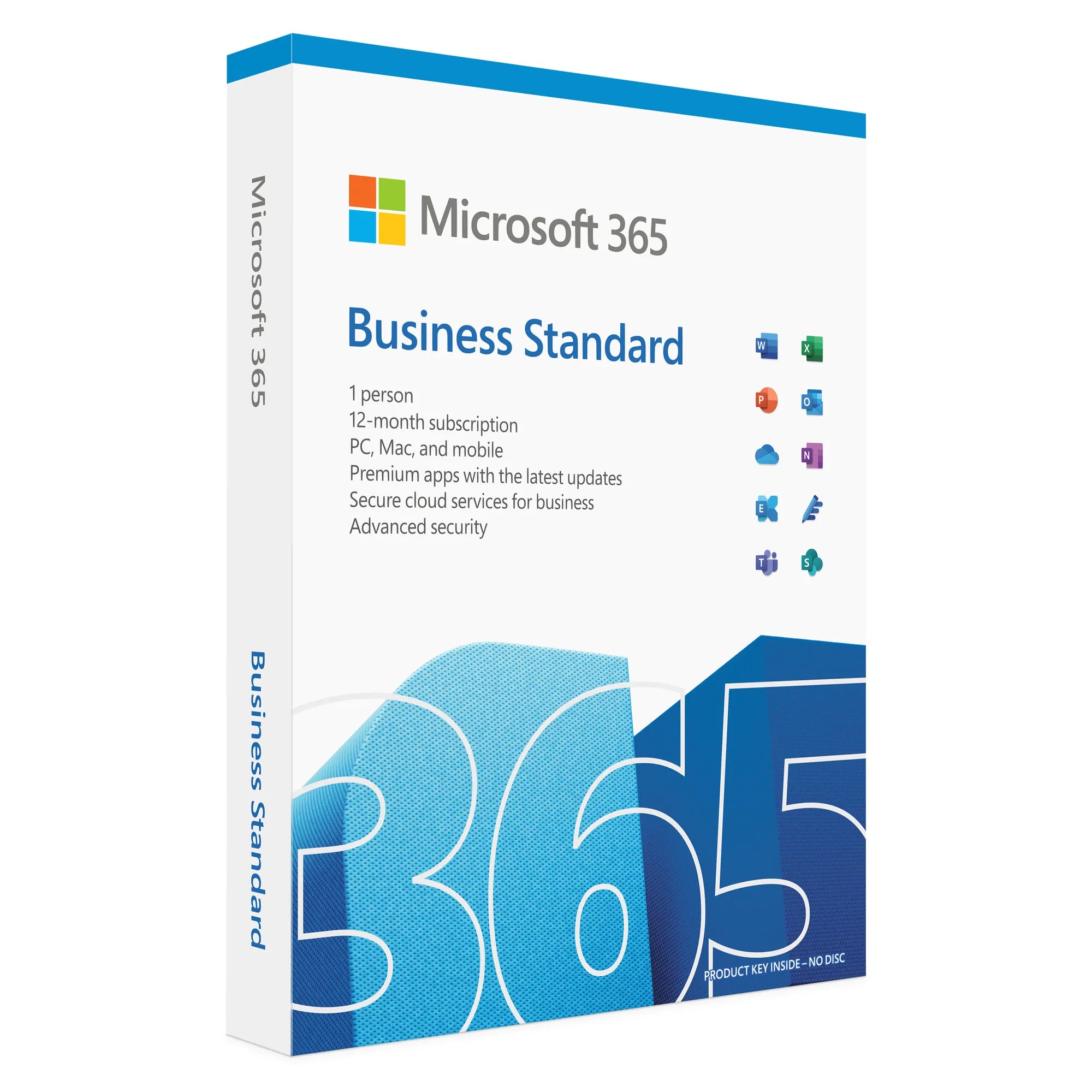 Microsoft 365 Business Standard (One-Year Subscription) package showing desktop and mobile devices for cross-platform compatibility.