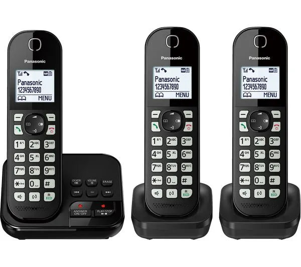 Panasonic KX-TGC463EB cordless phone with triple handsets in black