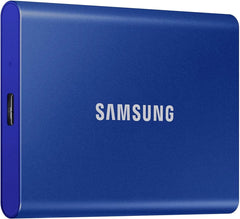 Close up of the 1TB Samsung T7 SSD in indigo blue