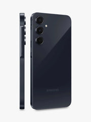 Rear design of the Samsung Galaxy A55 5G showcasing a stylish glass back, triple camera setup, and clean linear layout in Awesome Navy color.