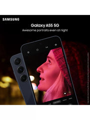 Close-up view of the triple camera system on the Samsung Galaxy A55 5G, highlighting the 50MP main sensor, 12MP ultra-wide, and 5MP macro lens.