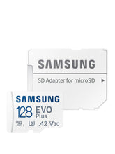 Samsung EVO Plus 128GB microSDXC card with SD adapter front view