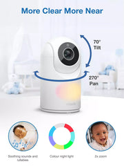 Pan, tilt, and zoom baby monitor camera mounted on a nursery wall.