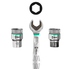 Quick-turn extension with free-spinning sleeve for easy operation in tight spaces, included in the Wera 8100 SC 6 set.