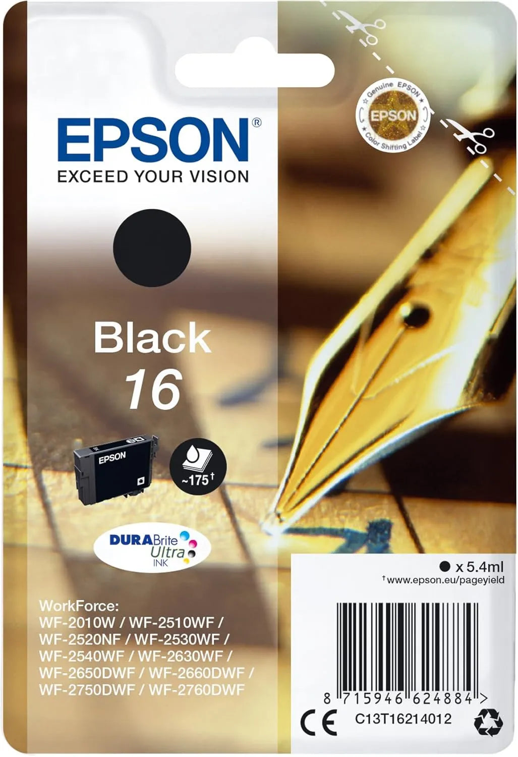 Epson 16 Black Ink Cartridge – Pen & Crossword Series, DURABrite Ultra Ink, 5.4ml capacity, prints up to 175 pages, suitable for Epson inkjet printers – UK packaging
