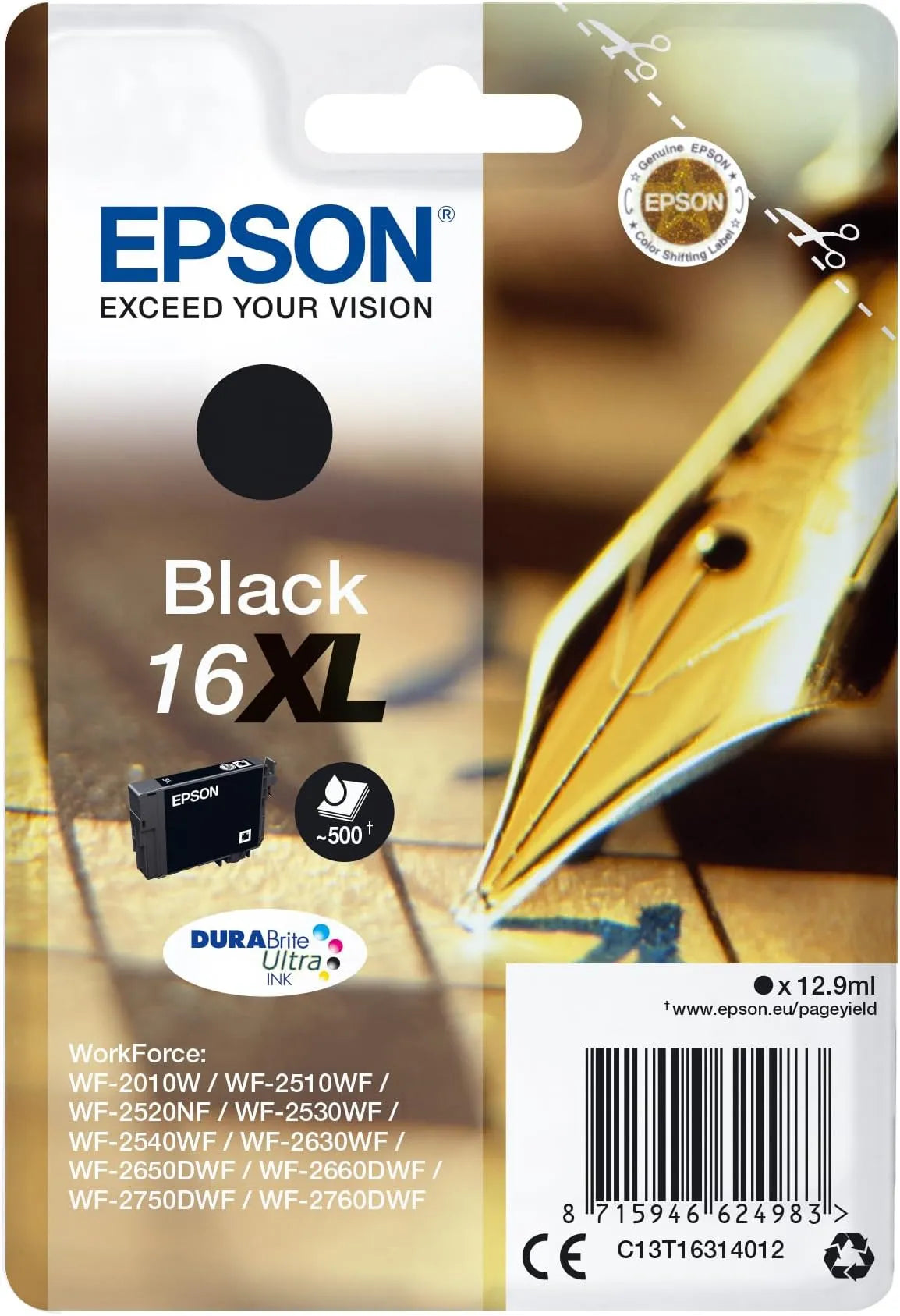 Epson 16XL Black Ink Cartridge – Pen & Crossword Series, High Yield DURABrite Ultra Ink, 12.9ml capacity, prints up to 500 pages, for Epson inkjet printers – UK version