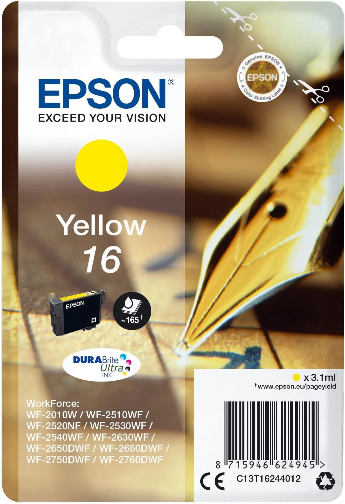 Epson 16 Yellow Ink Cartridge – Genuine Pen & Crossword Series, DURABrite Ultra Ink, 3.1ml capacity, prints up to 165 pages, for Epson Expression Home printers – UK version