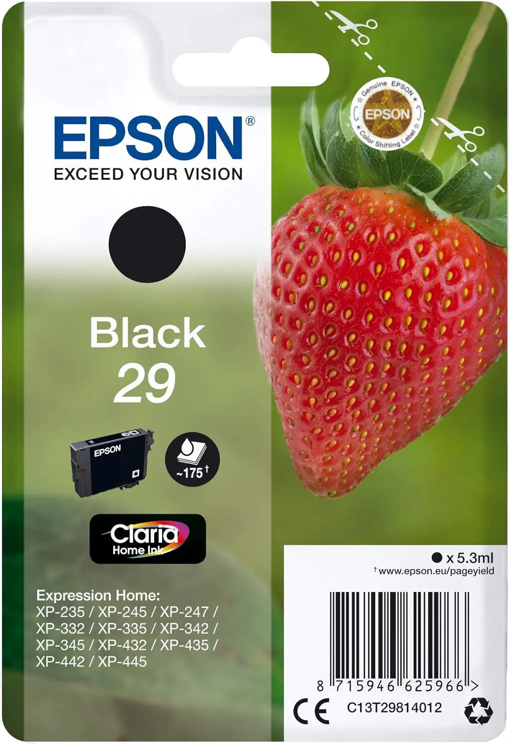 Epson 29 Black Ink Cartridge – Genuine Strawberry Series, Claria Home Ink, 5.3ml capacity, prints up to 175 pages, compatible with Epson Expression Home printers – UK version