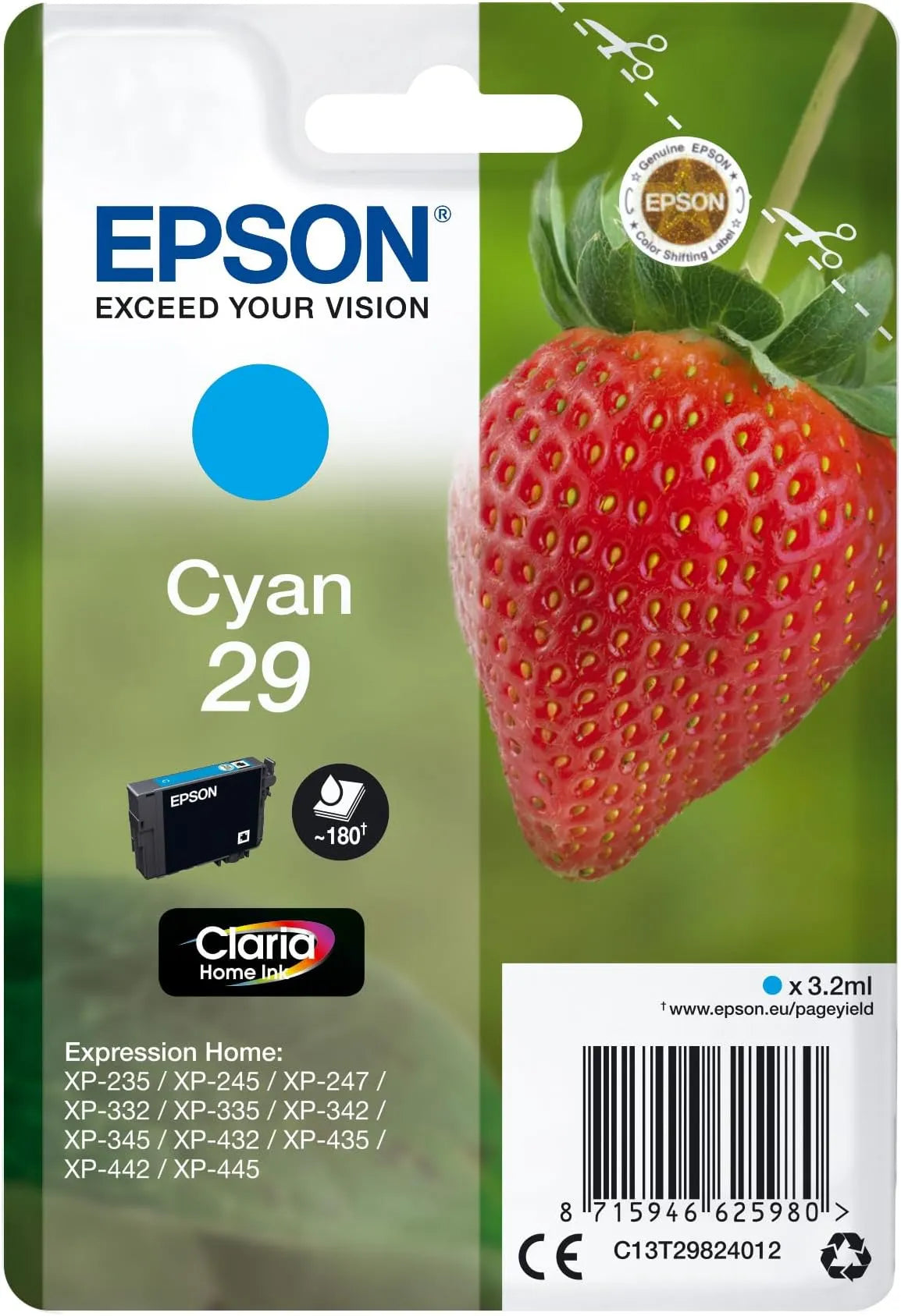 Epson 29 Cyan Ink Cartridge – Genuine Strawberry Series, Claria Home Ink, 3.2ml capacity, prints up to 180 pages, for Epson Expression Home inkjet printers – UK version