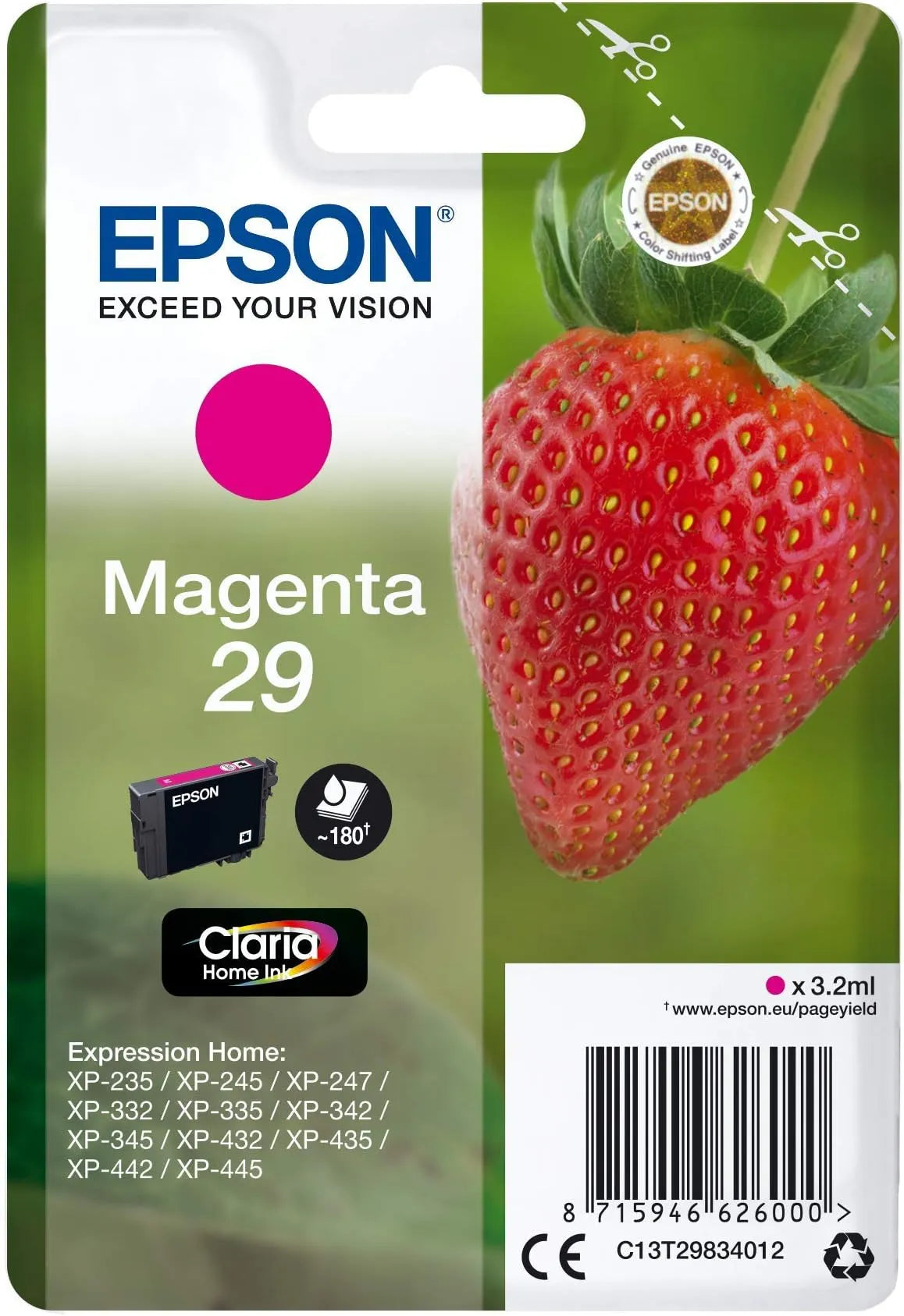Epson 29 Magenta Ink Cartridge – Genuine Strawberry Series, Claria Home Ink, 3.2ml ink capacity, prints up to 180 pages, for Epson Expression Home printers – UK packaging