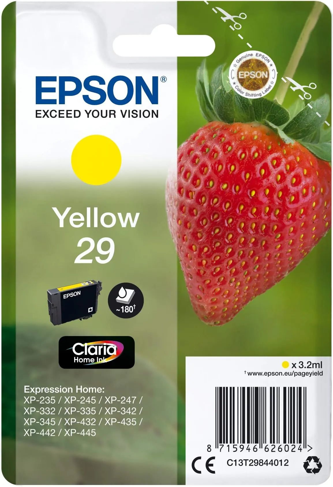 Epson 29 Yellow Ink Cartridge – Genuine Strawberry Series, Claria Home Ink, 3.2ml ink capacity, prints up to 180 pages, ideal for Epson Expression Home printers – UK packaging
